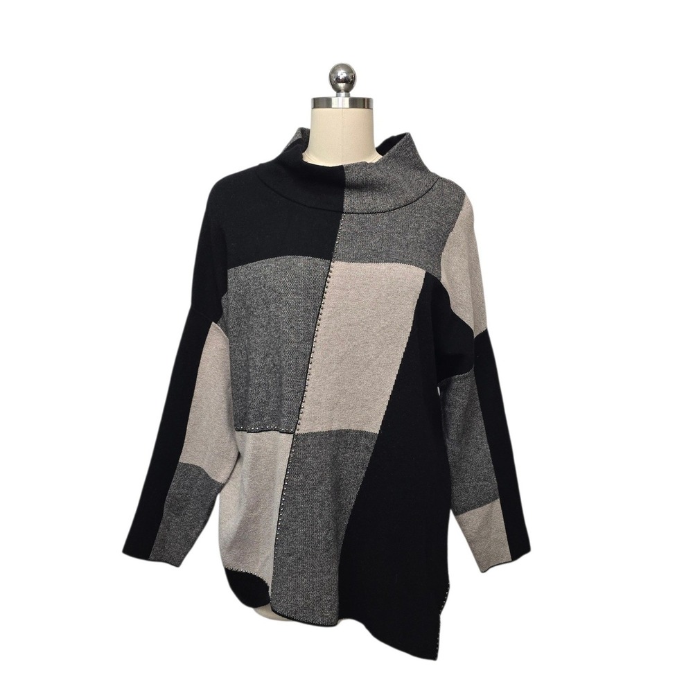 Joseph Ribkoff Women Black Grey Geometric Colorblock Funnel Neck Sweater Large